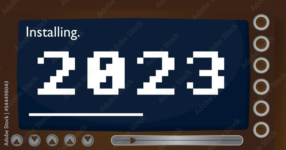 Poster cartoon computer with the word 2023. video message of a screen displaying an installation window.
