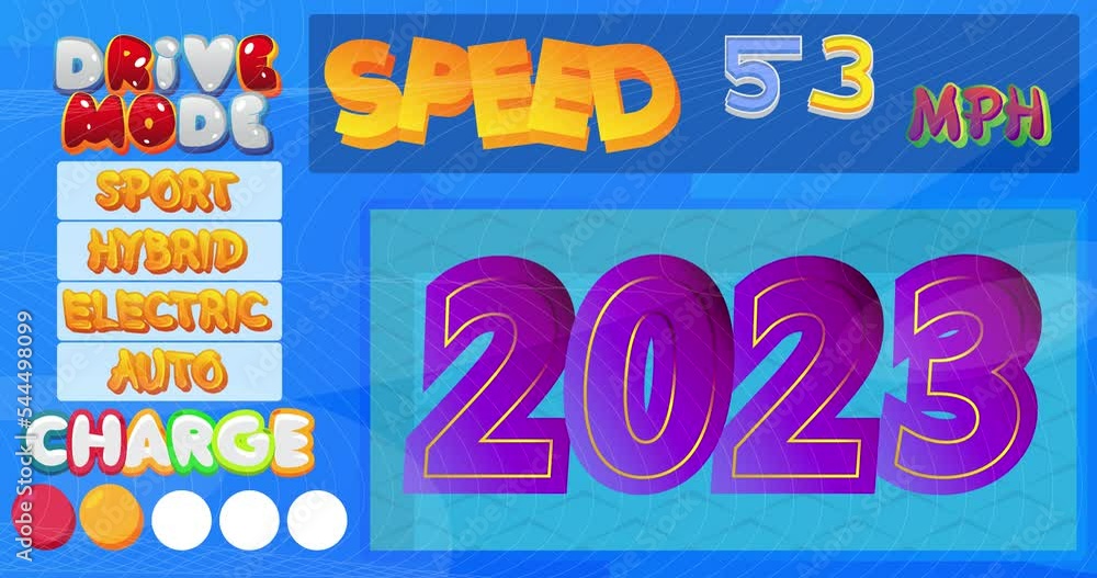 Poster cartoon car dashboard with the number 2023. digital graphical user interface animation.