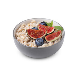 Fototapeta na wymiar Bowl of oatmeal with blueberries, mint and fig pieces isolated on white