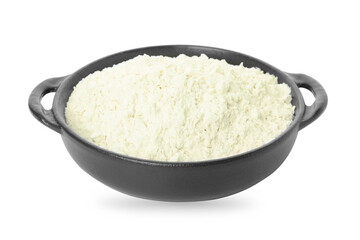 Grey pan with mung bean flour isolated on white