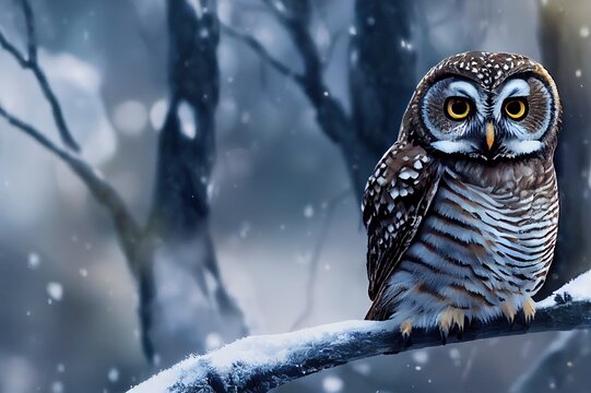 Owl in beautiful forest. Pygmy bird owl in snowfall. Small owl in natural habitat with mouse in winter. Glaucidium passerinum