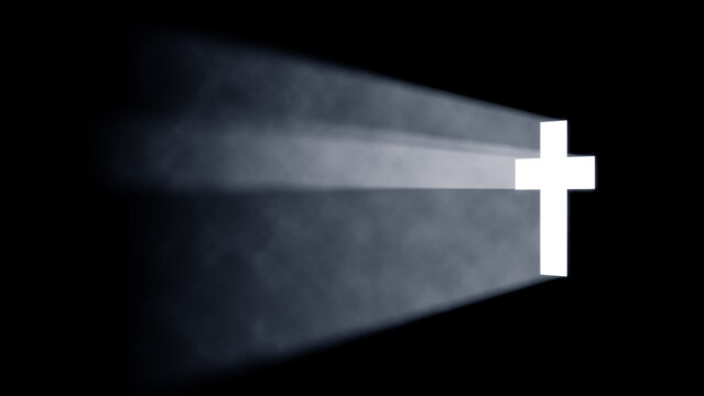3D Religious Cross Shaped Hole in the Wall Shinning Light on a Dark Smoky Environment
