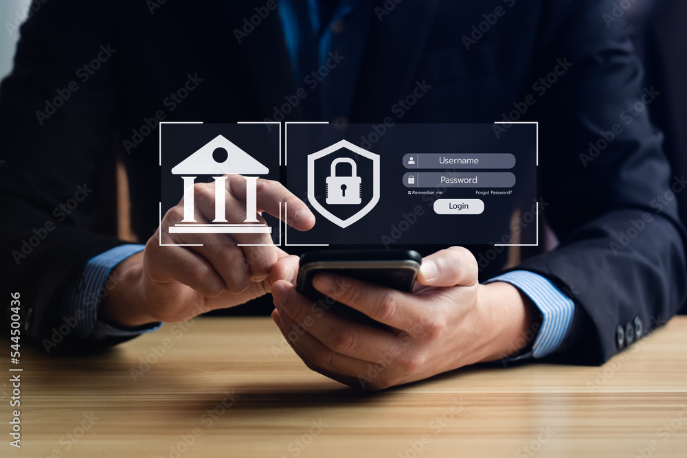 Aufkleber businessmen protecting personal data on smartphone and virtual interfaces. cybersecurity and privacy
