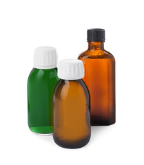 Bottles of syrups on white background. Cough and cold medicine