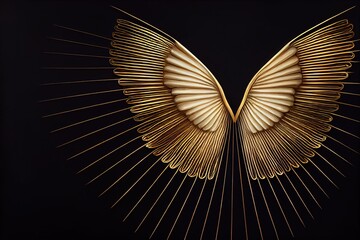 The angel's white wings are decorated in gold on a black background. The wings are illuminated and cast a shadow. The plumage grows in two directions. 3D artwork