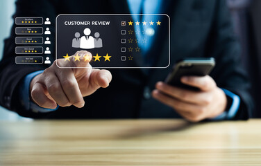 Satisfaction Concept and customer service. User give rating to service experience. Customer Opinion...