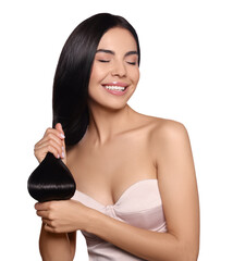 Portrait of beautiful young woman with healthy strong hair on white background