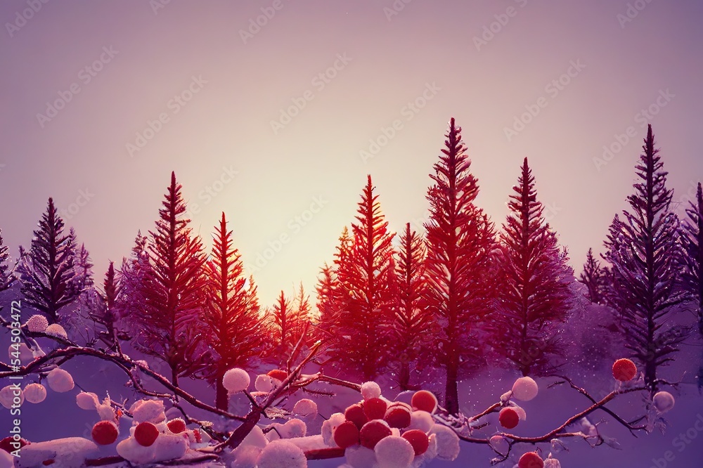 Wall mural border winter nature background. view through the pine branch with berries