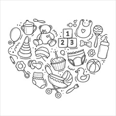 a set of elements of born children hand-drawn in doodle style