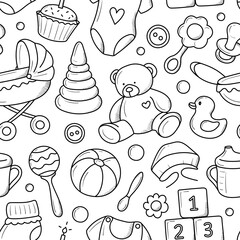 children's pattern with items for newborns hand-drawn in doodle style