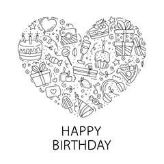 Happy birthday a set of icons in the style of a doodle in the shape of a heart. manual linear drawing