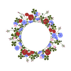Round wreath frame Summer wildflowers and herbs vector colourful collection, space for text in the middle