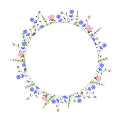Round wreath frame Summer wildflowers and herbs vector colourful collection, space for text in the middle