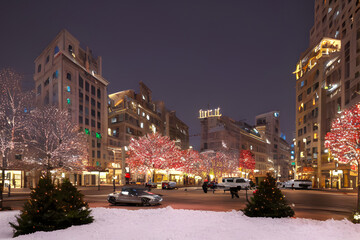 Fototapeta na wymiar Christmas in the City, Winter Snow, Digital Art