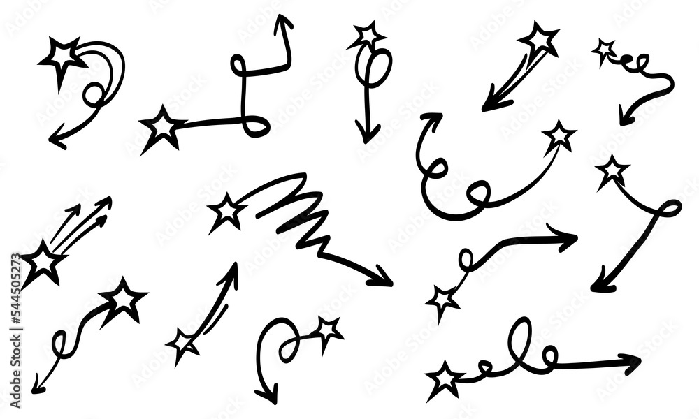 Poster doodle arrows with star on set. arrow icon with various directions. hand drawn style. design element