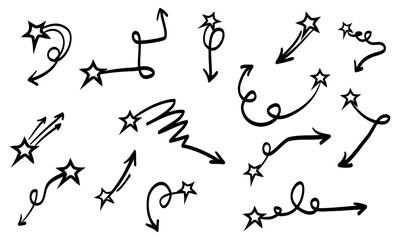 Doodle Arrows with star on Set. arrow icon with various directions. Hand drawn style. design element of vector illustration. isolated on a white background.