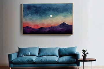 Beautiful natural scenery high cliff mountains and colorful moon, minimal art landscape, mountain wall art, abstract boho nature wall, Ideal art to decorate your living room or office.