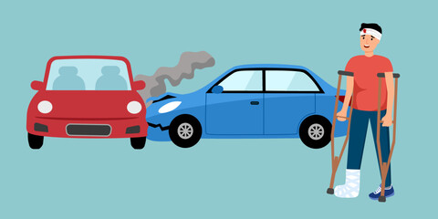 Road traffic accident car crash with broken leg driver in flat design.