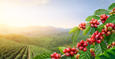 Coffee beans on tree with sunrise background.