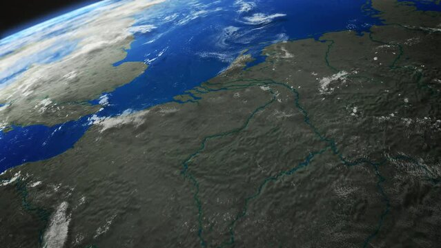 Map view of Belgium from above the clouds from space.