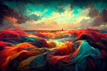 Fototapeta na wymiar A fiery landscape illustration in colorful paints