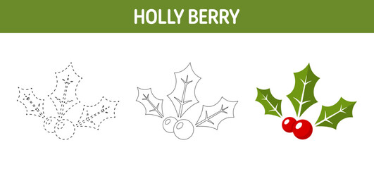 Holly Berry tracing and coloring worksheet for kids