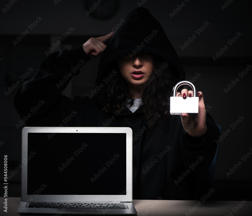 Poster female hacker hacking security firewall late in office