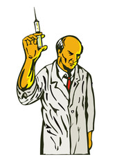 Illustration of a medical doctor nurse or scientist holding up a syringe with vaccine viewed from front on isolated background done in retro comics style.
