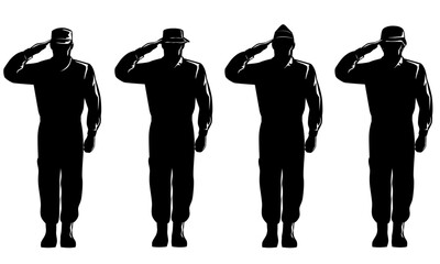 Illustration of an American soldier military serviceman personnel silhouette saluting viewed from front full body on isolated background done in retro style.