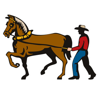 Illustration of a farmer and work horse viewed from side on isolated background done in retro style.