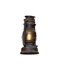Old classic oil lantern burns with orange flame isolated on white background