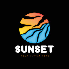 Sunset Logo, Beach Design, River And Sun Illustration, Vector Enjoying The Twilight