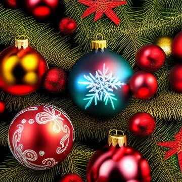 Christmas tree with glittery and shiny ornaments hanging from branches, digital art image, ai-generated