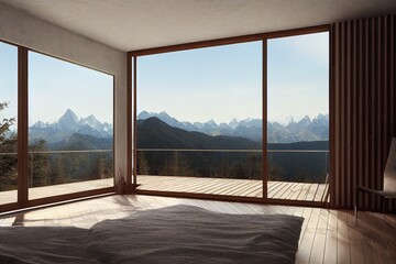 Modern spacious wooden terrace with beautiful mountains view and mock up place. 3D Rendering