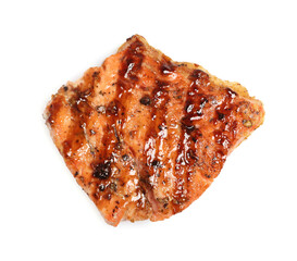 Piece of tasty grilled salmon on white background, top view