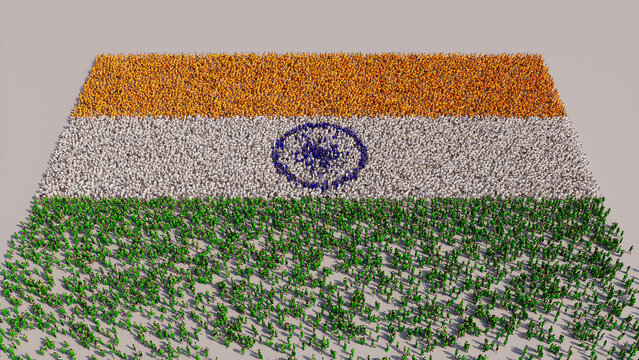 Aerial view of a Crowd of People, congregating to form the Flag of India. Indian Banner on White Background.