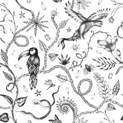 Beautiful trendy seamless pattern with hand drawn chimera animals birds insects and fantasy plants. Stock fashionable textile illustration.