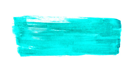 Turquoise paint stroke drawn with brush on white background, top view