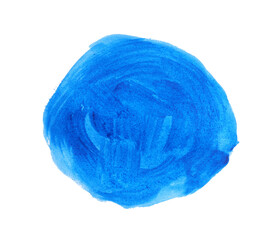 Blue paint circle drawn with brush on white background, top view