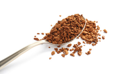 Spoon with aromatic instant coffee isolated on white