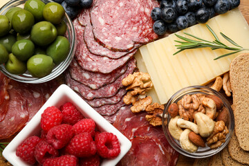 Snack set with delicious Parmesan cheese, top view
