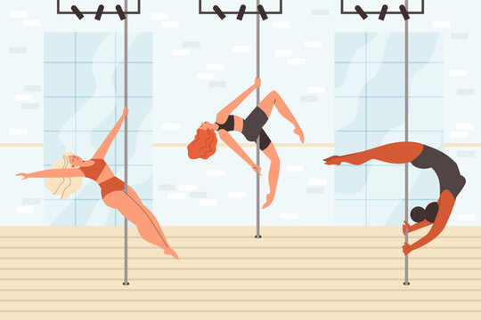 Female characters of pole dancers in gym for training, flat vector illustration.