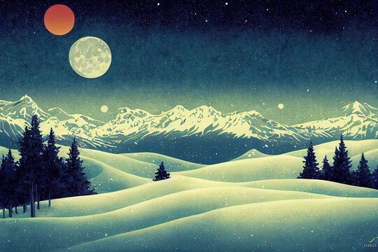 Illustration The Colorful Forest on the other side of the Snow Mountain with Cold Moon Creeping up the Sky. Version 3 Vintage Style. Realistic Cartoon Style. Scene Wallpaper Design.