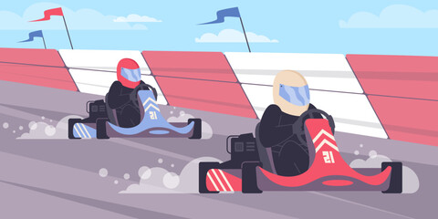 Kart race background with racing vehicle on track, flat vector illustration. - obrazy, fototapety, plakaty