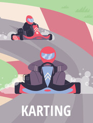 Karting competition scene, poster template with text, flat vector illustration. - obrazy, fototapety, plakaty