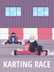 Karting race promo banner or poster backdrop design flat vector illustration. - obrazy, fototapety, plakaty