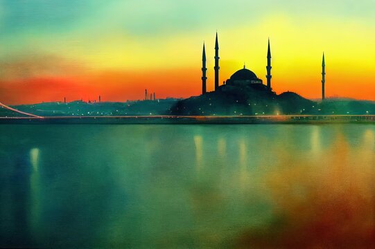 Ortakoy Mosque and Bosphorus Bridge during colorful morning sunrise, one of the most popular locations in the Bosphorus of Istanbul, Turkey. water colour