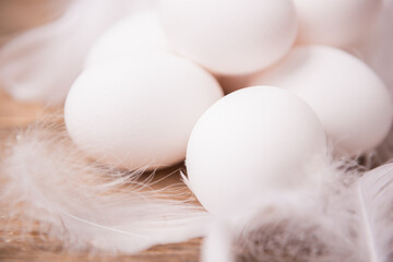 Fresh white eggs and feathers