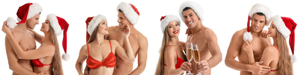 Collection of sexy young couple on white background. Christmas celebration