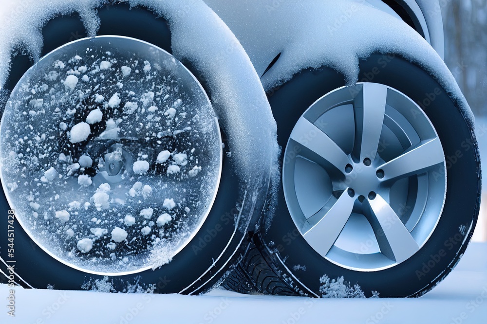 Poster Winter tyre. Close up of car tires on winter road covered with snow.